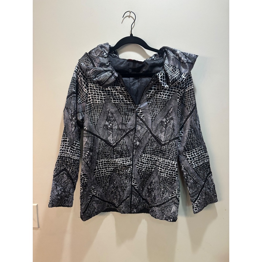 Vtg Rossi Roma Jacket Women's Small Black White Abstract Hooded Zip Front‎ Coat